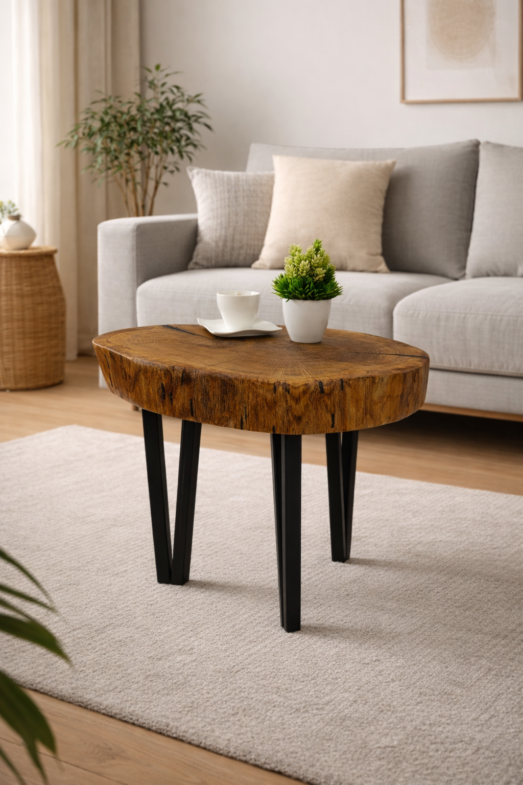 Stolik kawowy dębowy 52 × 44 cm, grubość blatu 8 cm – stalowe nogi, nowoczesna forma