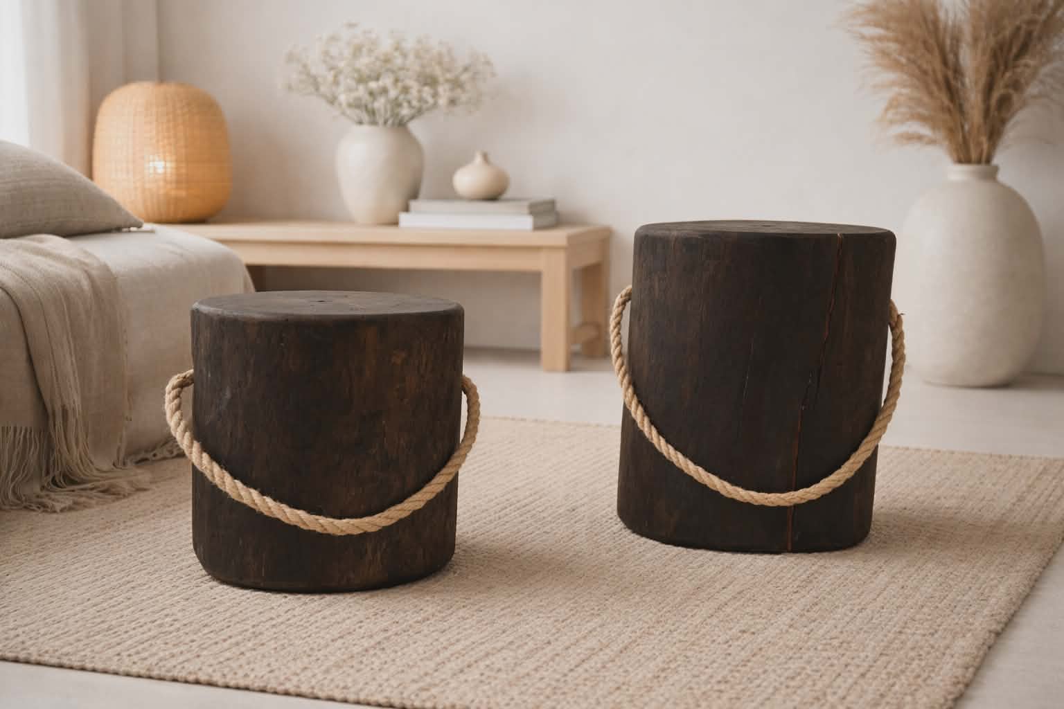 Drewniane stołki z litego pnia ze sznurem – komplet 2 szt. loft, rustykalne, boho, naturalne siedziska / stoliki