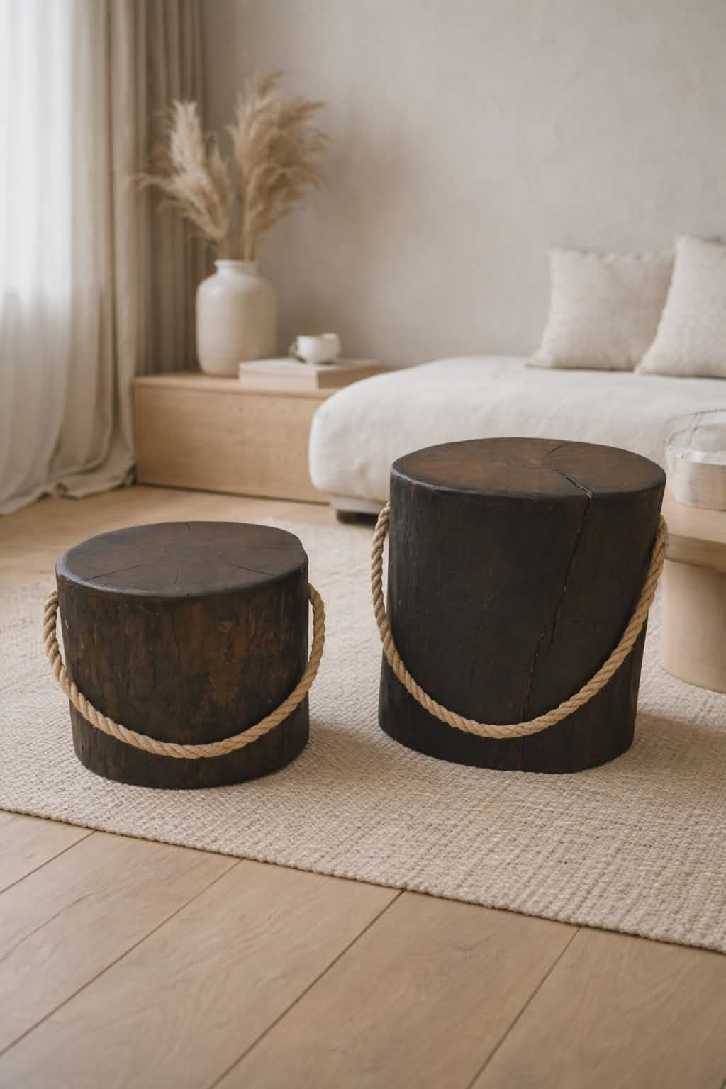 Drewniane stołki z litego pnia ze sznurem – komplet 2 szt. loft, rustykalne, boho, naturalne siedziska / stoliki