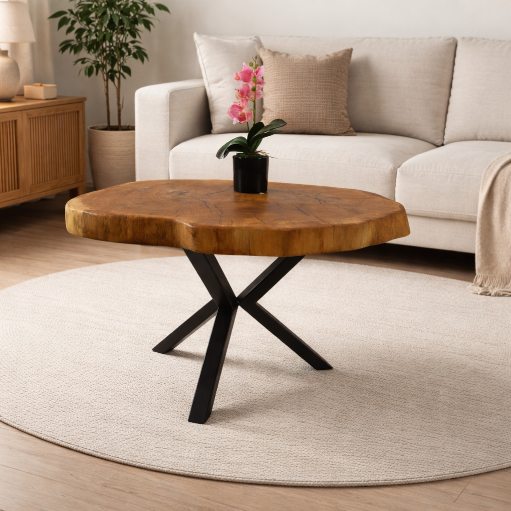 Stolik kawowy dębowy z litego drewna 64 × 48 cm – loftowy stolik na metalowych nogach pająk