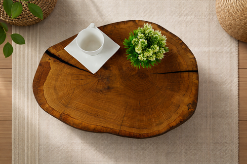 Stolik kawowy dębowy 52 × 44 cm, grubość blatu 8 cm – stalowe nogi, nowoczesna forma