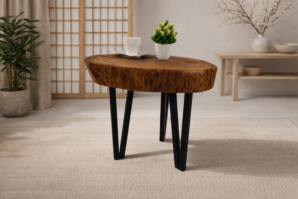 Stolik kawowy dębowy 52 × 44 cm, grubość blatu 8 cm – stalowe nogi, nowoczesna forma