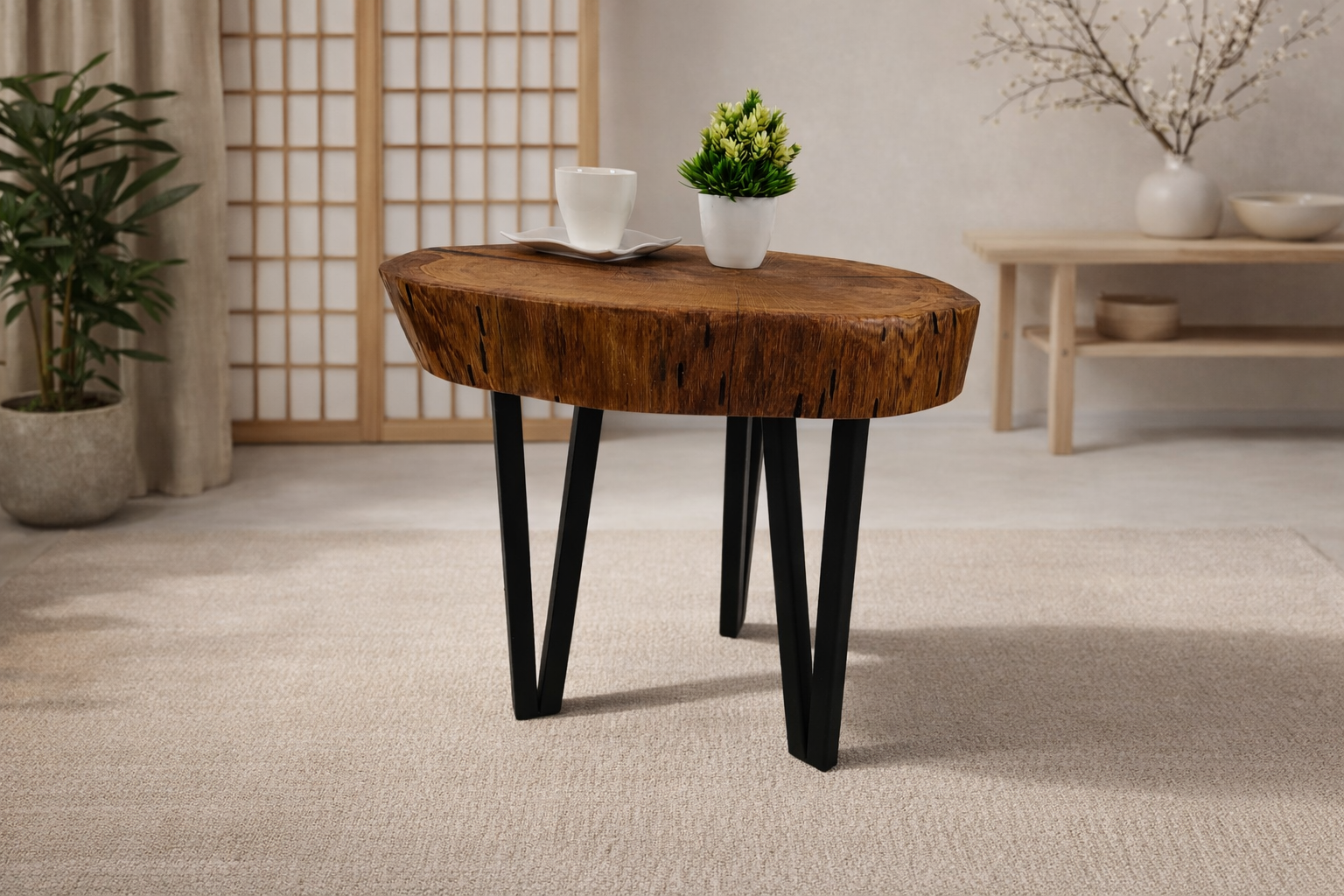 Stolik kawowy dębowy 52 × 44 cm, grubość blatu 8 cm – stalowe nogi, nowoczesna forma