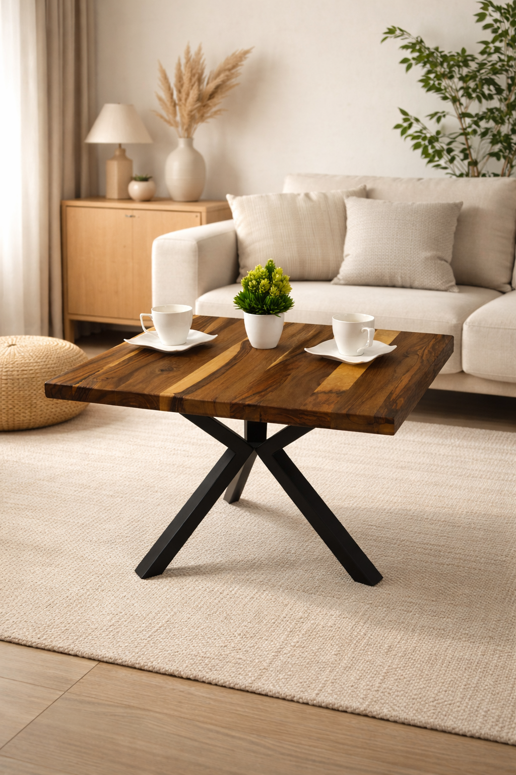 Stolik kawowy orzechowy 62 × 55 cm – prosty blat 3 cm, stalowe nogi, nowoczesny styl
