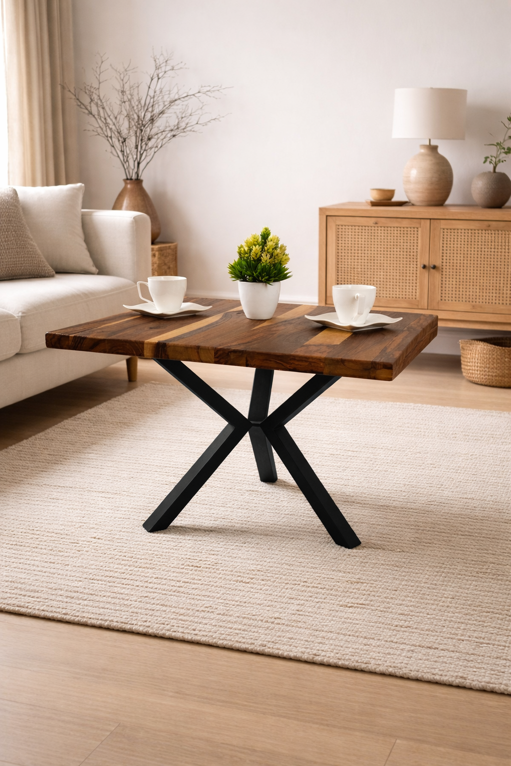 Stolik kawowy orzechowy 62 × 55 cm – prosty blat 3 cm, stalowe nogi, nowoczesny styl