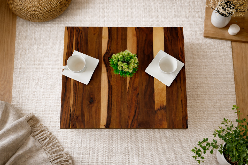 Stolik kawowy orzechowy 62 × 55 cm – prosty blat 3 cm, stalowe nogi, nowoczesny styl