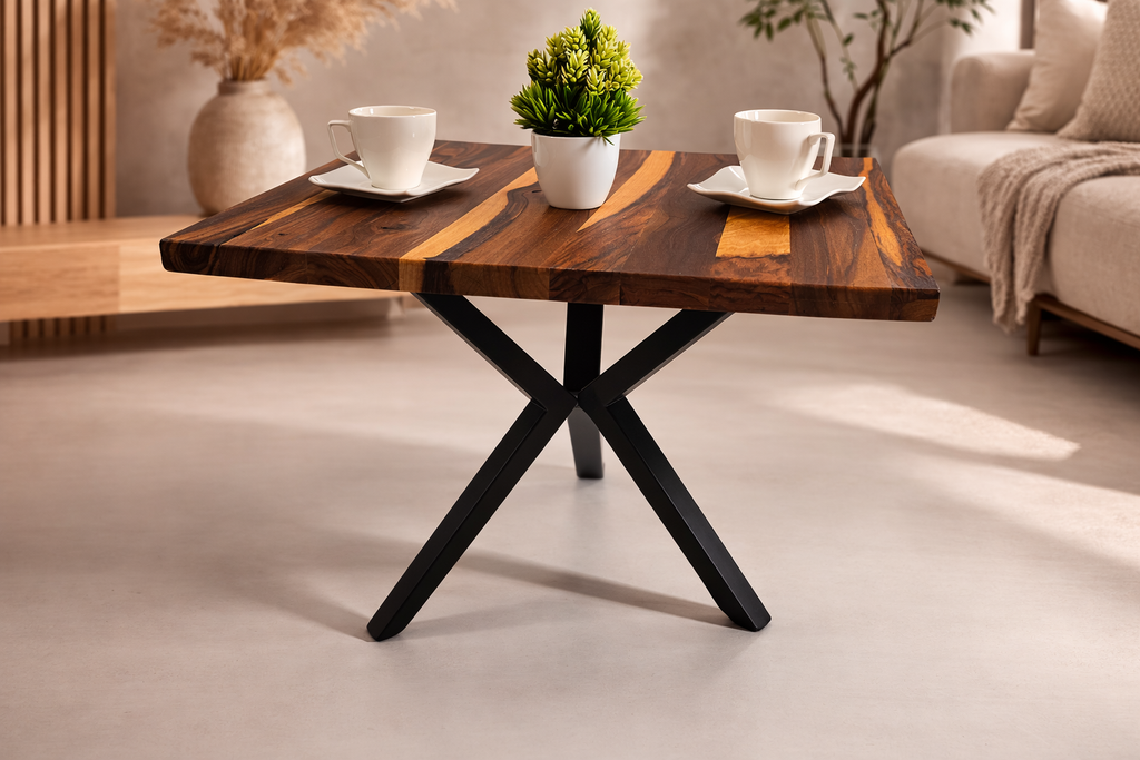 Stolik kawowy orzechowy 62 × 55 cm – prosty blat 3 cm, stalowe nogi, nowoczesny styl