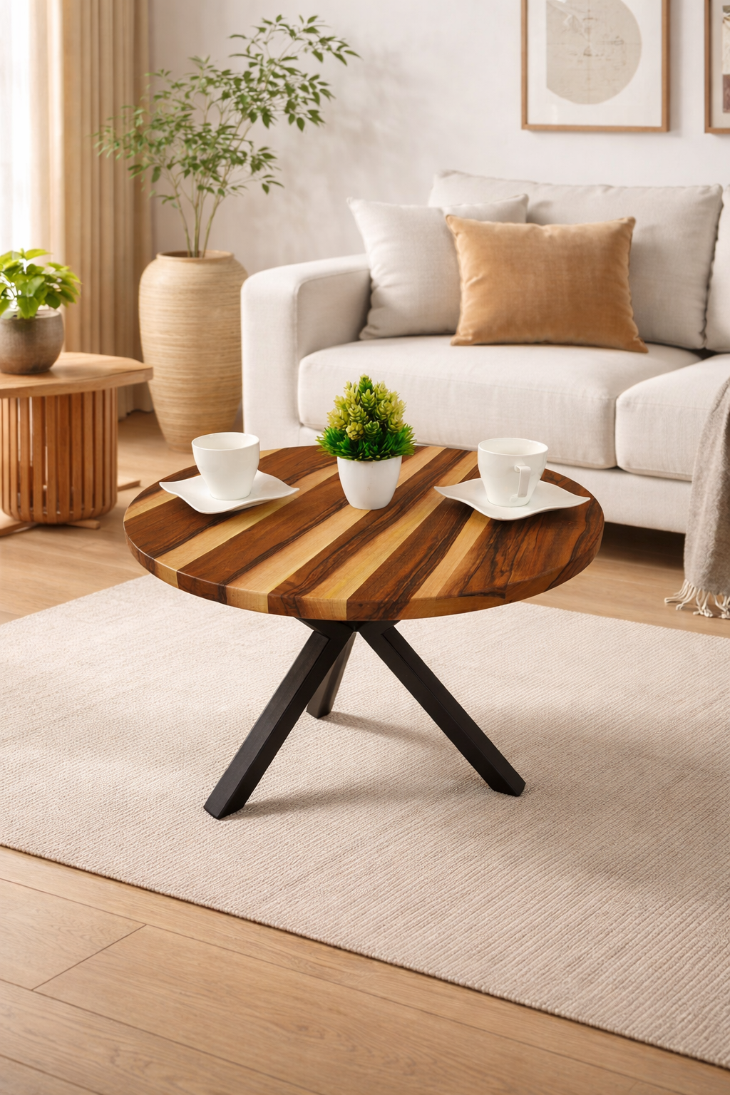 Okrągły stolik kawowy z orzecha włoskiego o średnicy 61 cm – lite drewno, stalowe nogi