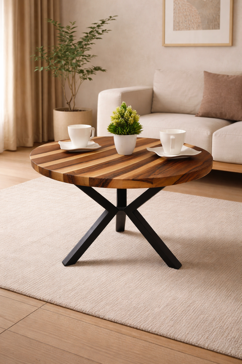Okrągły stolik kawowy z orzecha włoskiego o średnicy 61 cm – lite drewno, stalowe nogi