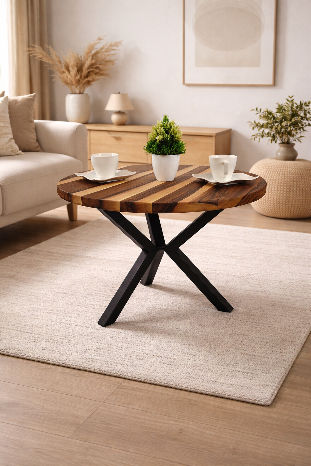 Okrągły stolik kawowy z orzecha włoskiego o średnicy 61 cm – lite drewno, stalowe nogi