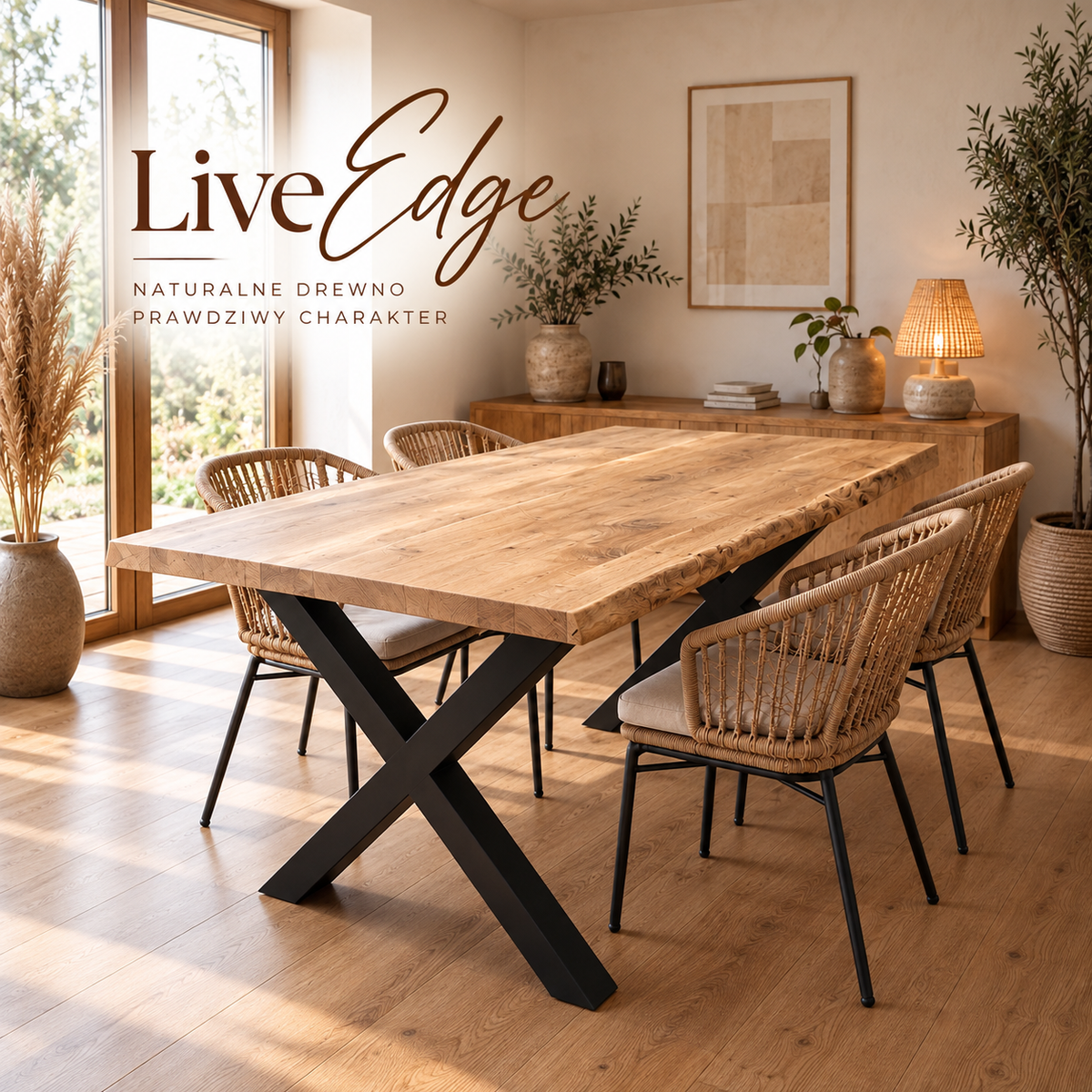 Stół dębowy Loft Live Edge z nogami X | Lite drewno dębowe