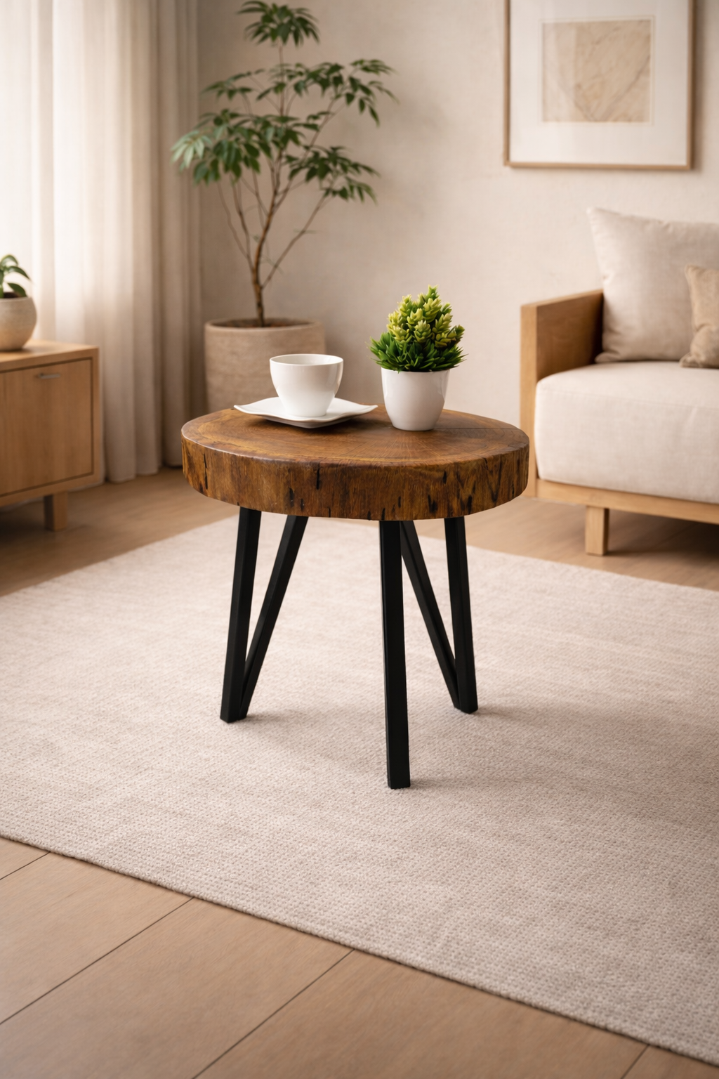 Stolik kawowy dębowy 52 × 44 cm, grubość blatu 8 cm – stalowe nogi, nowoczesna forma