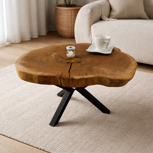 Stolik kawowy dębowy z litego drewna 59 × 56 cm – loftowy stolik na metalowych nogach pająk
