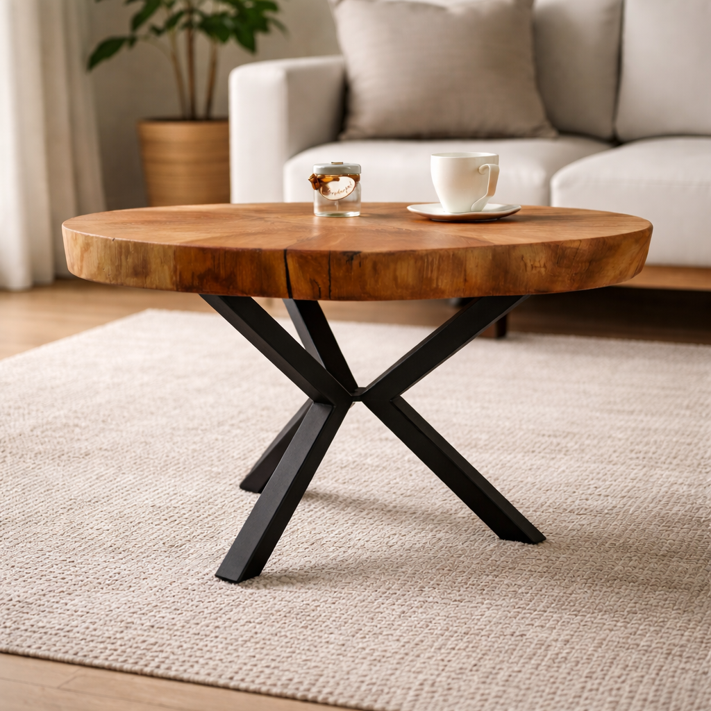 Stolik kawowy dębowy z litego drewna 59 × 56 cm – loftowy stolik na metalowych nogach pająk