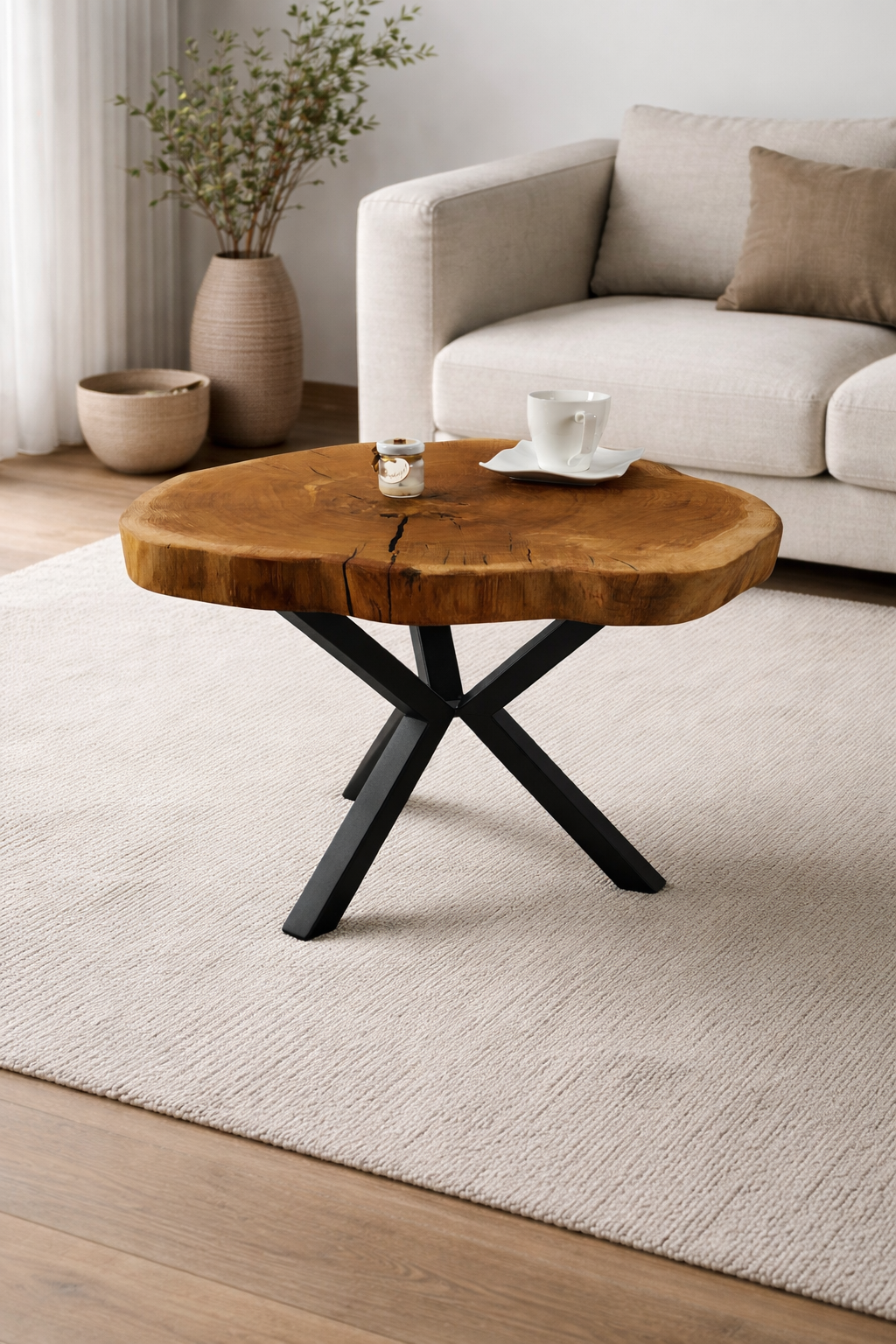 Stolik kawowy dębowy z litego drewna 59 × 56 cm – loftowy stolik na metalowych nogach pająk