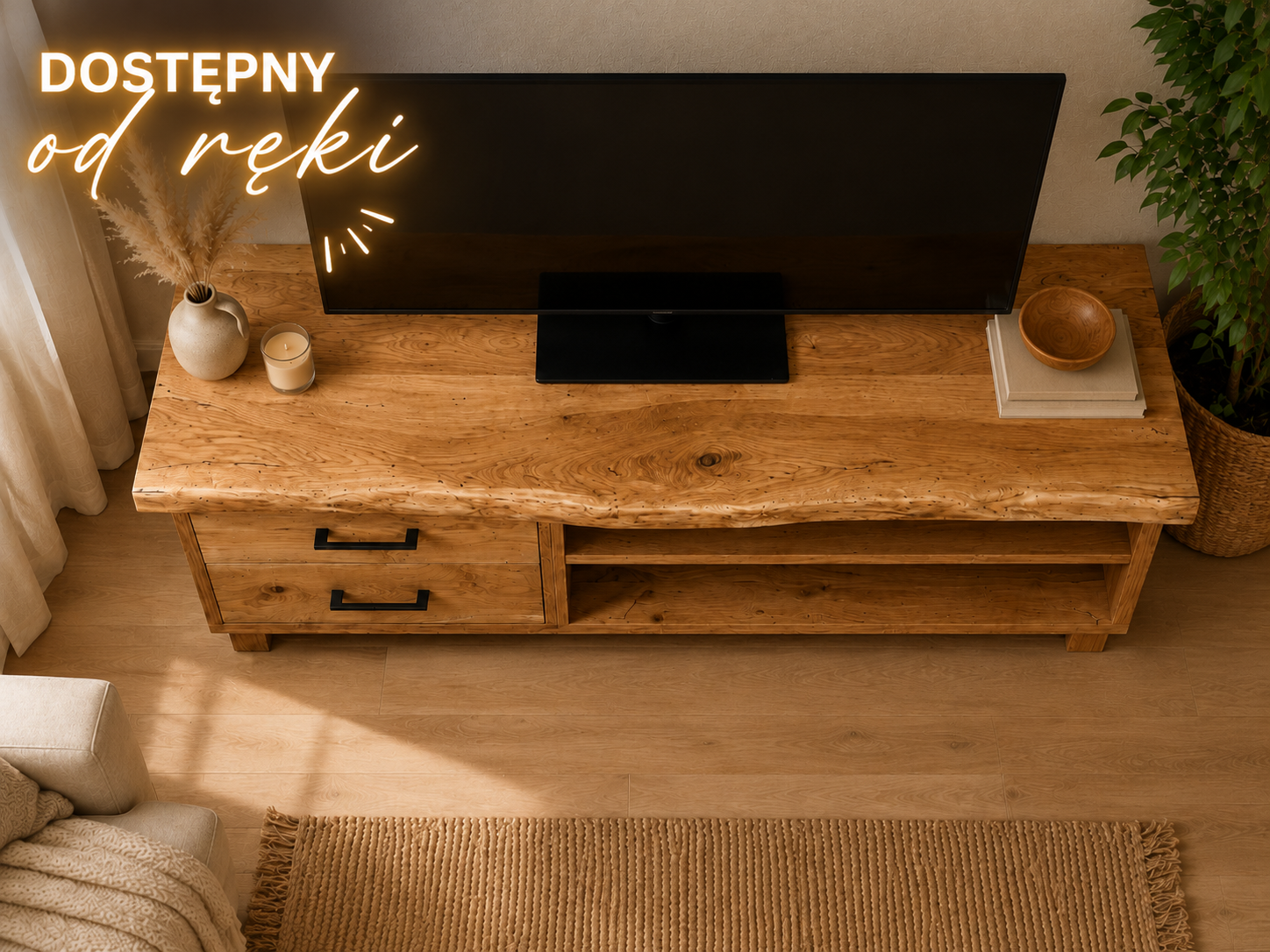 Szafka RTV z Litego Dębu Live Edge 140 cm – Dostępna od Ręki | Meble WOS
