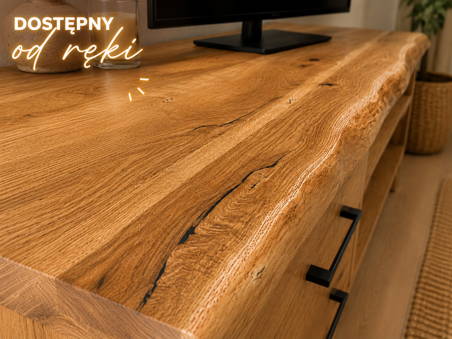 Szafka RTV z Litego Dębu Live Edge 140 cm – Dostępna od Ręki | Meble WOS