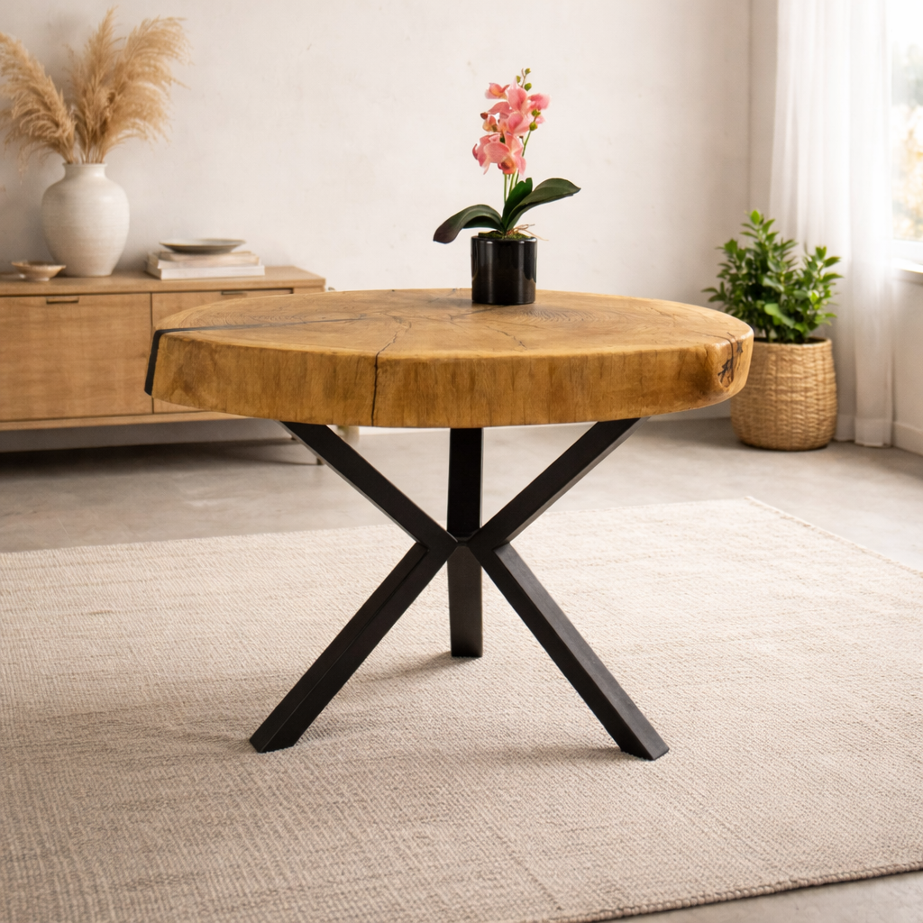 Stolik kawowy dębowy 67x60 cm na stalowych nogach – nowoczesny design