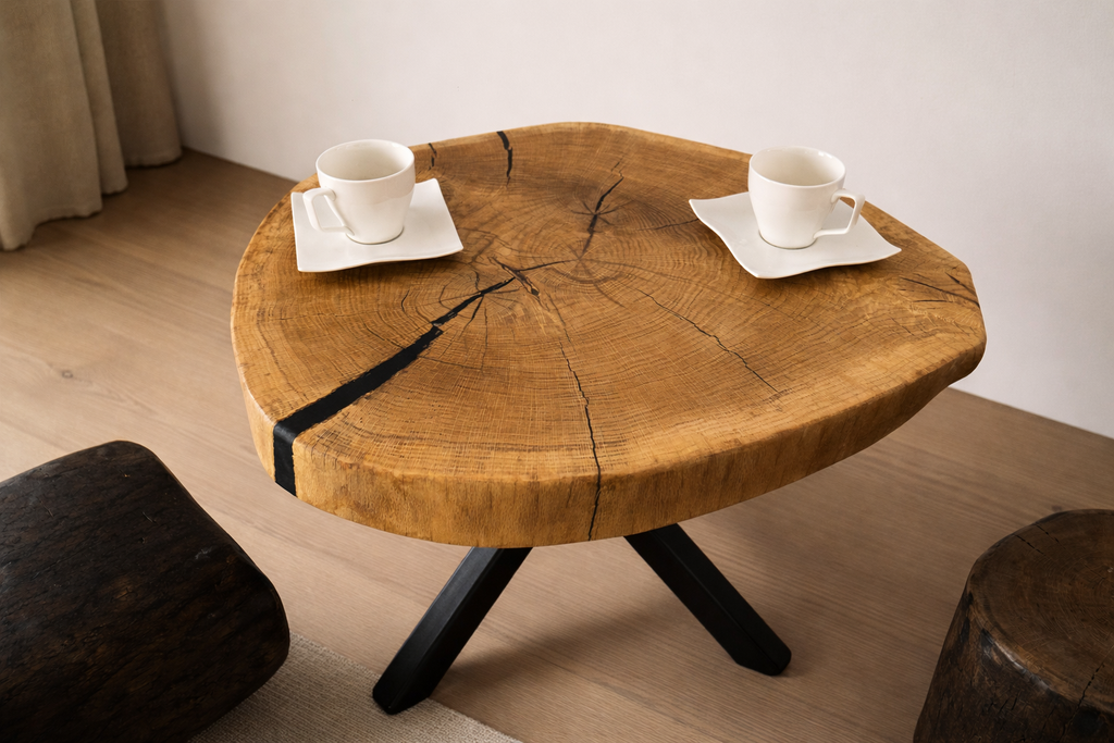 Stolik kawowy dębowy 67x60 cm na stalowych nogach – nowoczesny design