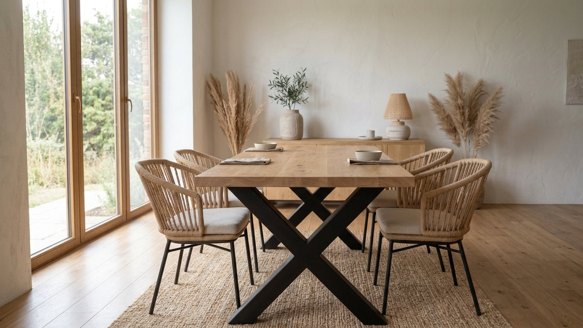 Stół dębowy 140–280 cm | Lite drewno dębowe | Nogi X 80×80 | Na wymiar