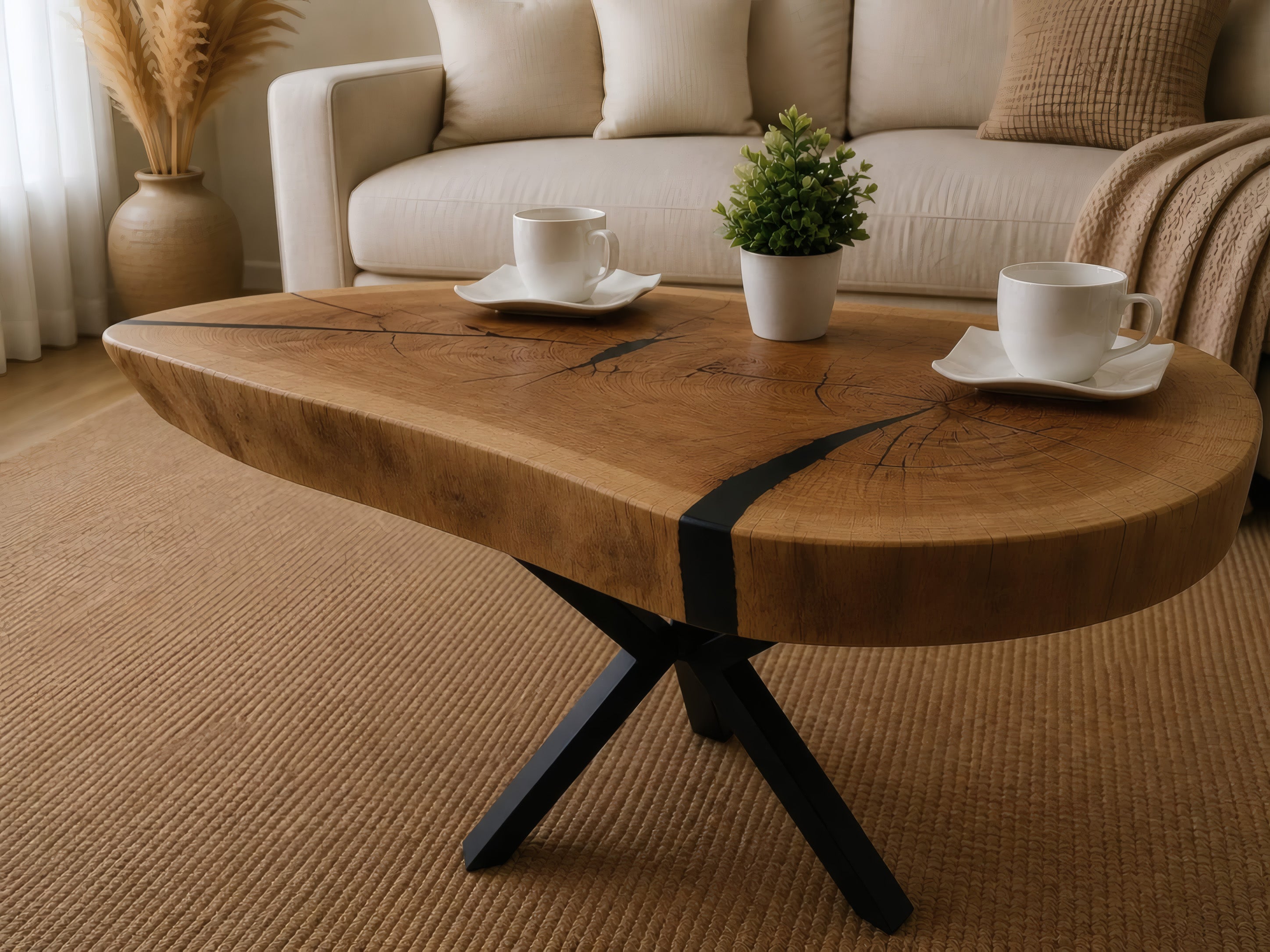 Loftowy stolik kawowy z naturalnego plastra dębu 84x68 cm – naturalny kształt drewna, czarna żywica epoksydowa i nogi typu pająk