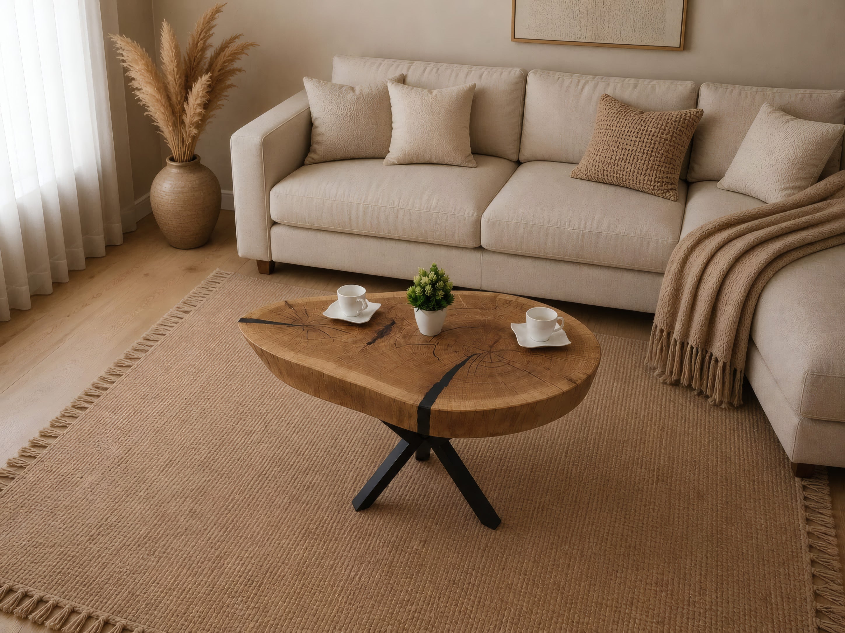 Loftowy stolik kawowy z naturalnego plastra dębu 84x68 cm – naturalny kształt drewna, czarna żywica epoksydowa i nogi typu pająk
