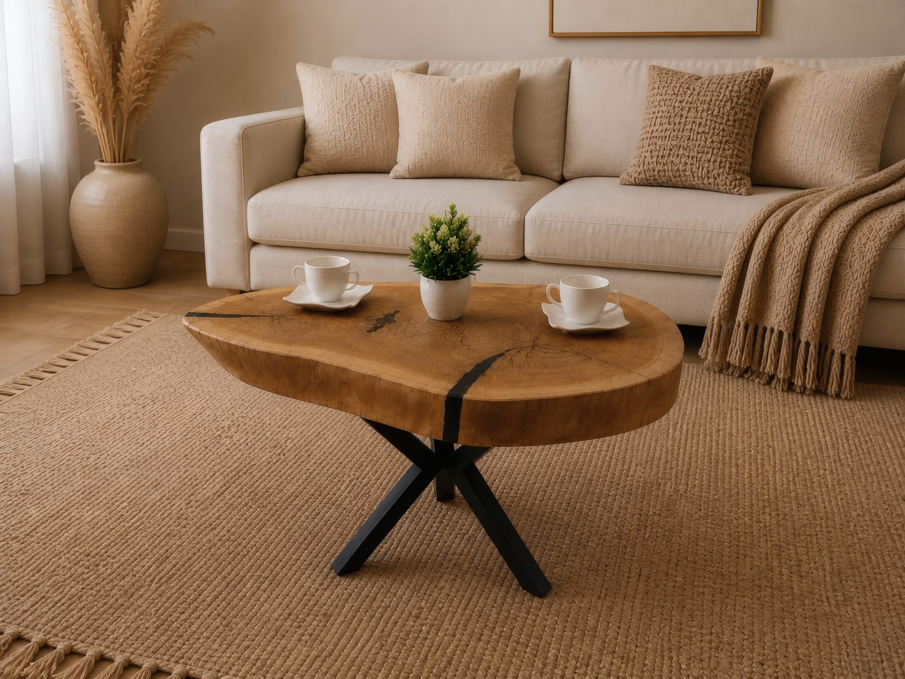 Loftowy stolik kawowy z naturalnego plastra dębu 84x68 cm – naturalny kształt drewna, czarna żywica epoksydowa i nogi typu pająk