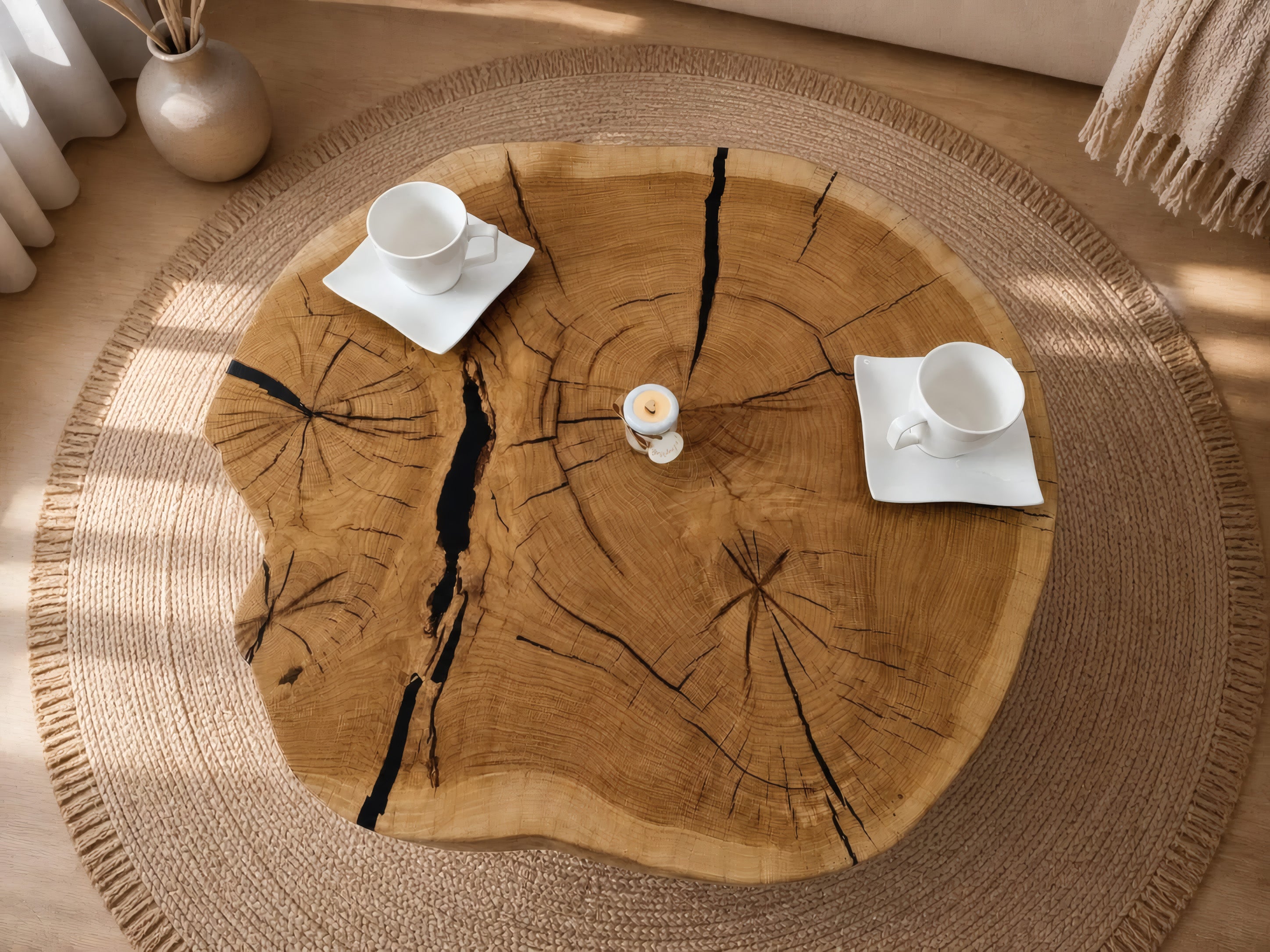 Stolik Kawowy z Plastra Dębu 71x67 cm – Loftowy Stolik z Nogami Typu Pająk i Czarną Żywicą Epoksydową