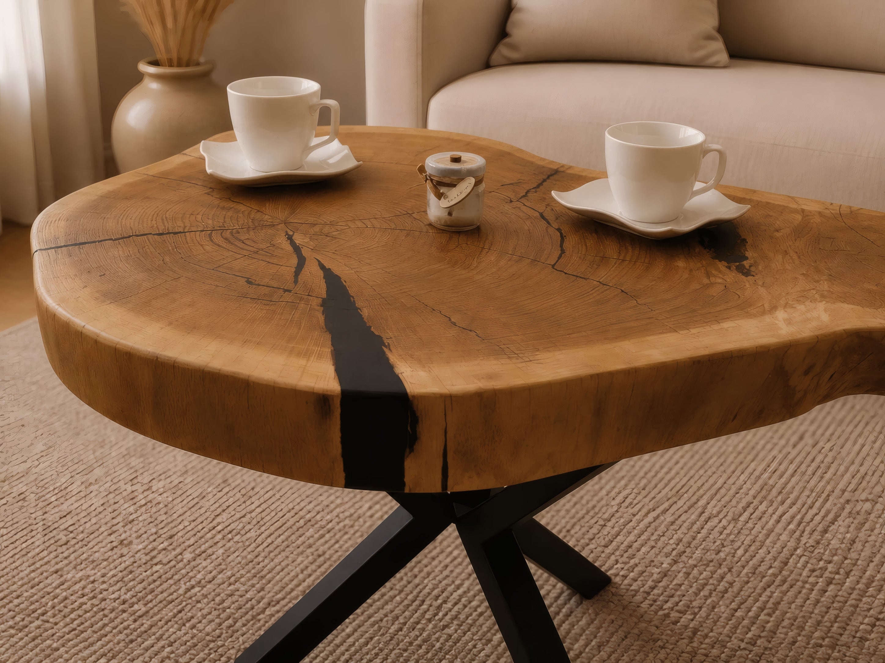 Stolik Kawowy Dębowy z Plastra Drewna 77x66 cm – Loftowy Stolik z Nogami Pająk