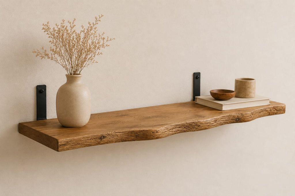 Półka Ścienna Loft z Litego Drewna Dębowego Live Edge Naturalna Krawędź Drewniana Półka Industrialna