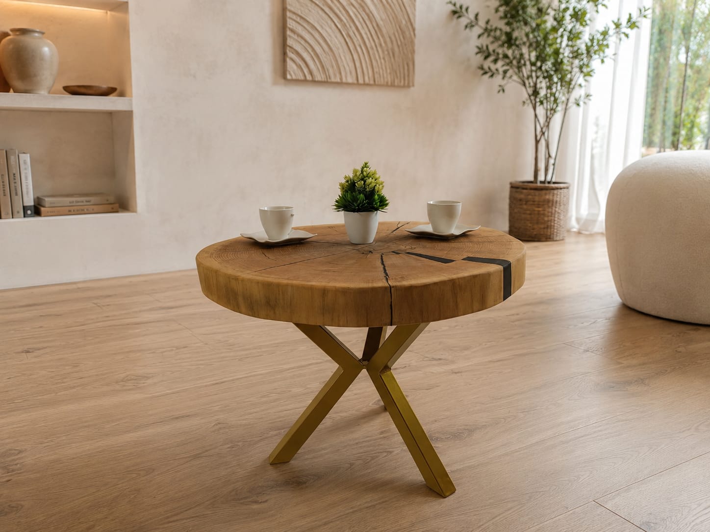 Stolik kawowy z litego plastra dębu 74 × 73 cm | Blat 8 cm | Loft | Żywica epoksydowa