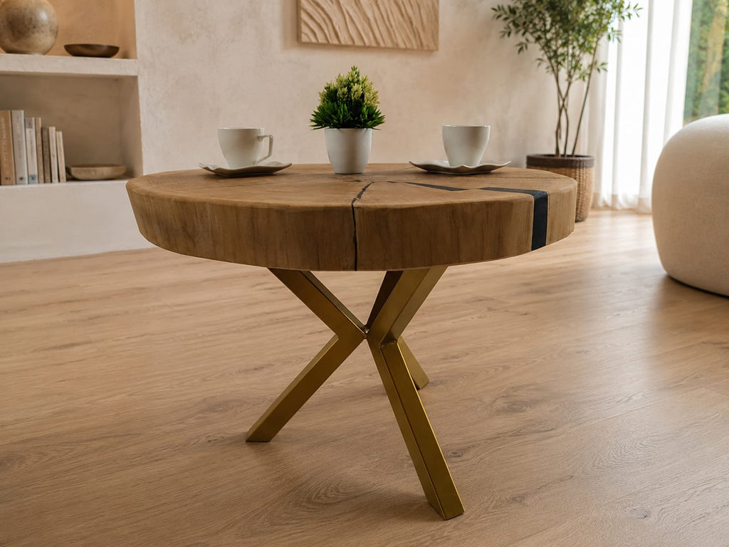 Stolik kawowy z litego plastra dębu 74 × 73 cm | Blat 8 cm | Loft | Żywica epoksydowa