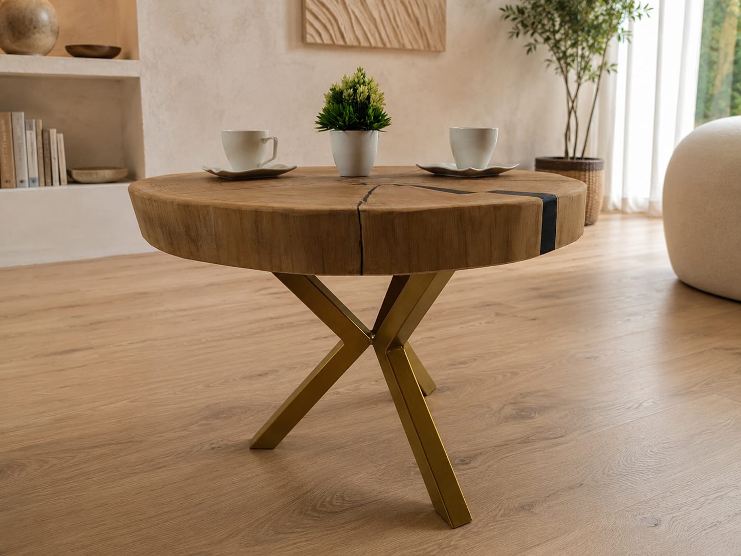 Stolik kawowy z litego plastra dębu 74 × 73 cm | Blat 8 cm | Loft | Żywica epoksydowa