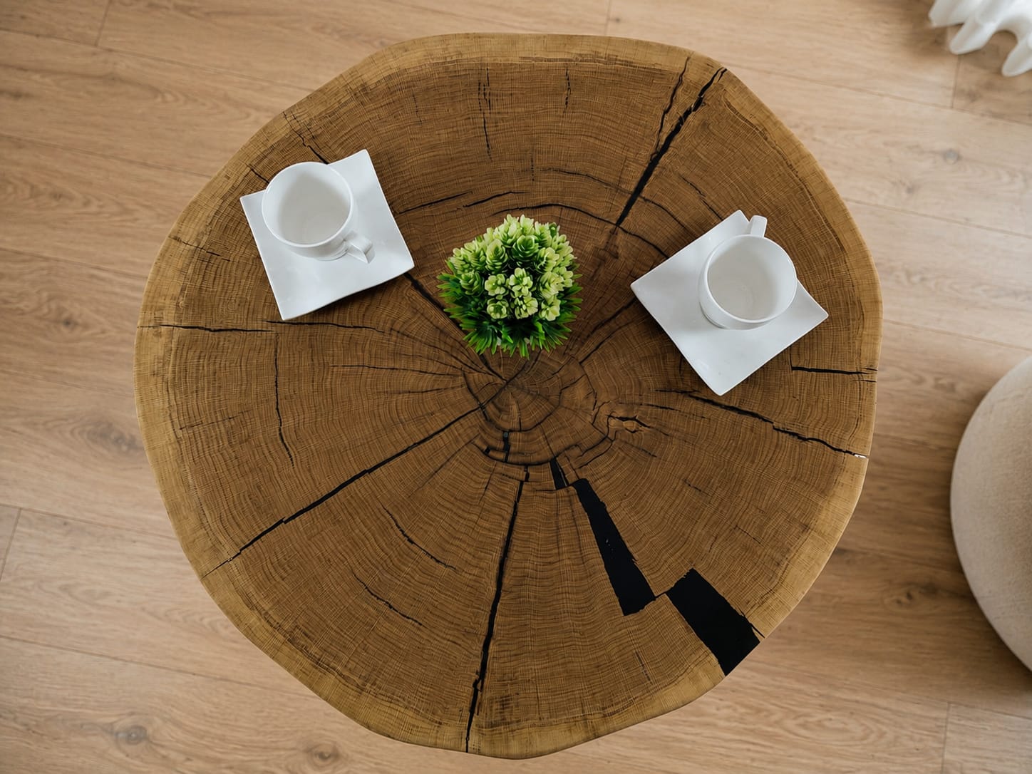 Stolik kawowy z litego plastra dębu 74 × 73 cm | Blat 8 cm | Loft | Żywica epoksydowa