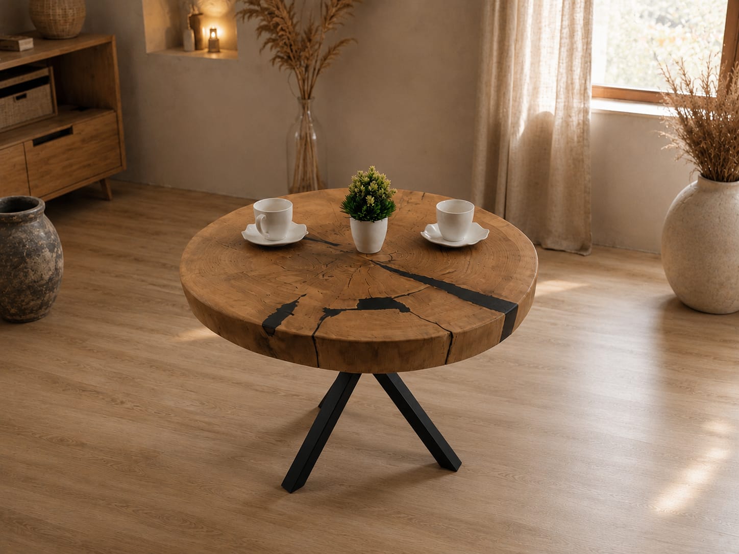 Stolik kawowy z litego drewna dębowego 72 × 70 cm | Blat 7 cm | Styl Loft | Handmade