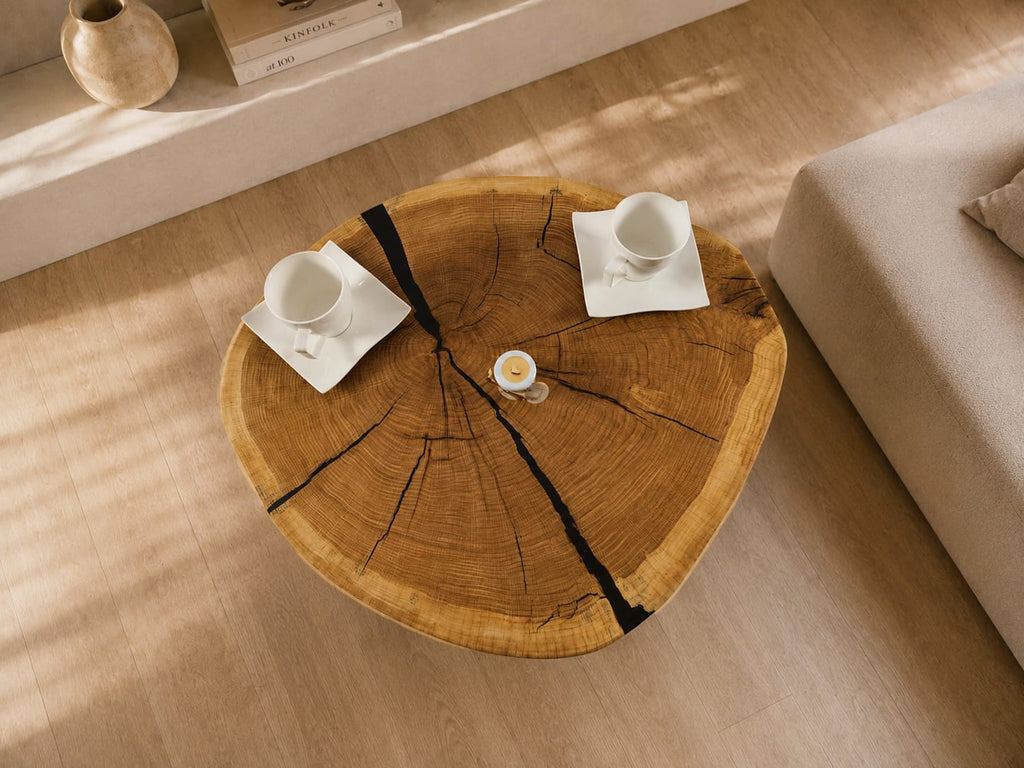 Stolik kawowy dębowy z litego plastra drewna 65 × 58 cm | Blat 8 cm | Loft | Handmade