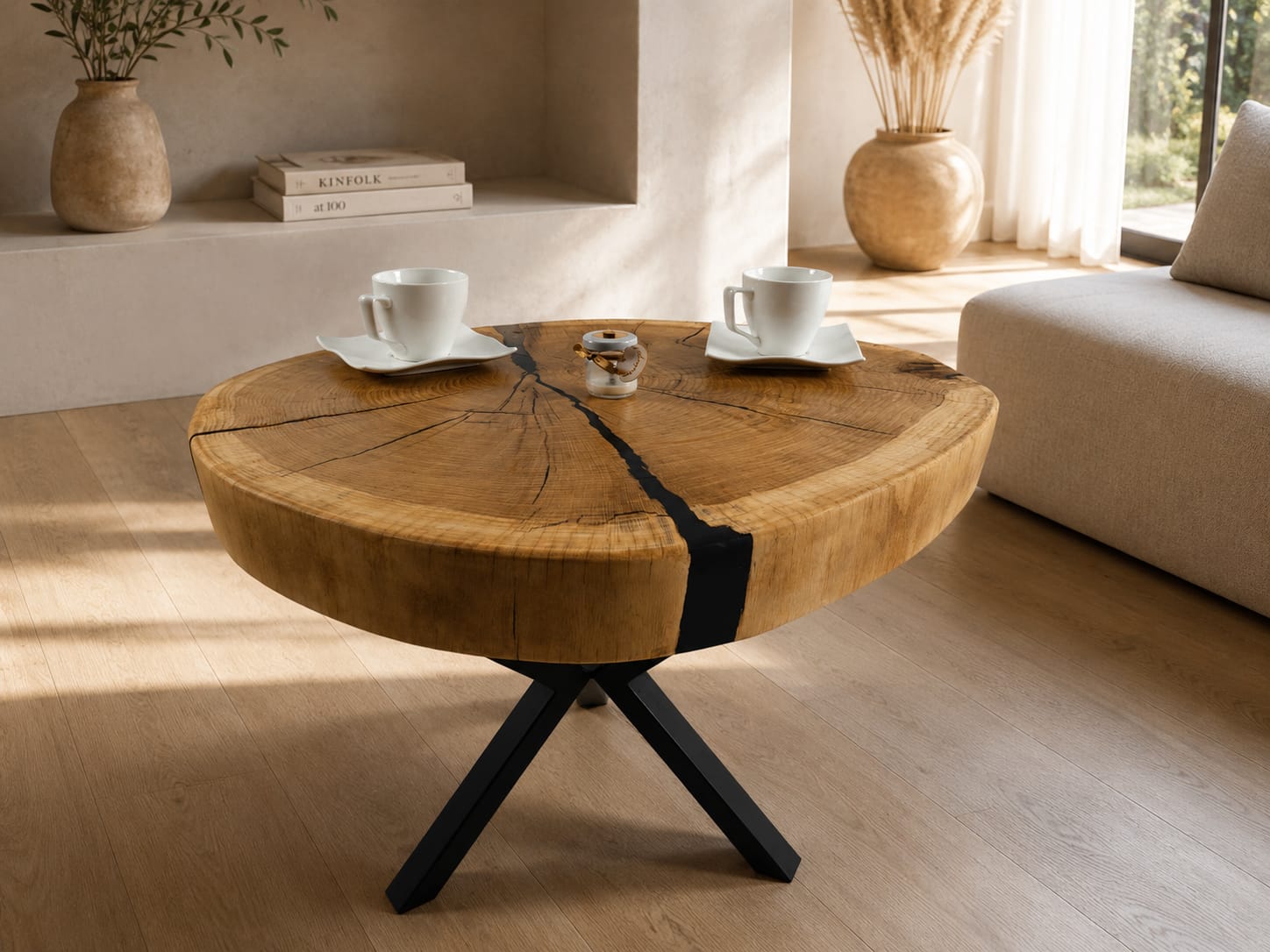 Stolik kawowy dębowy z litego plastra drewna 65 × 58 cm | Blat 8 cm | Loft | Handmade
