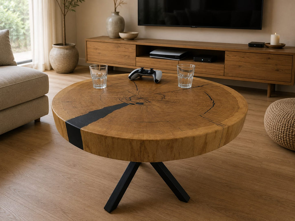 Stolik kawowy z naturalnego plastra drewna 70 × 69 cm | Loft | Blat 7 cm