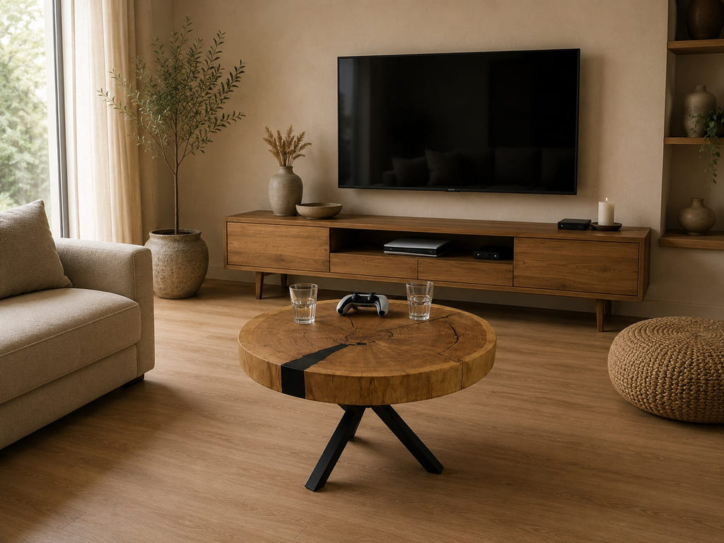 Stolik kawowy z naturalnego plastra drewna 70 × 69 cm | Loft | Blat 7 cm