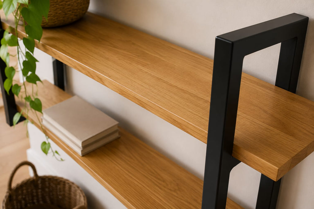 Półka Loft z Litego Dębu i Stali – Nowoczesna Półka Ścienna do Salonu