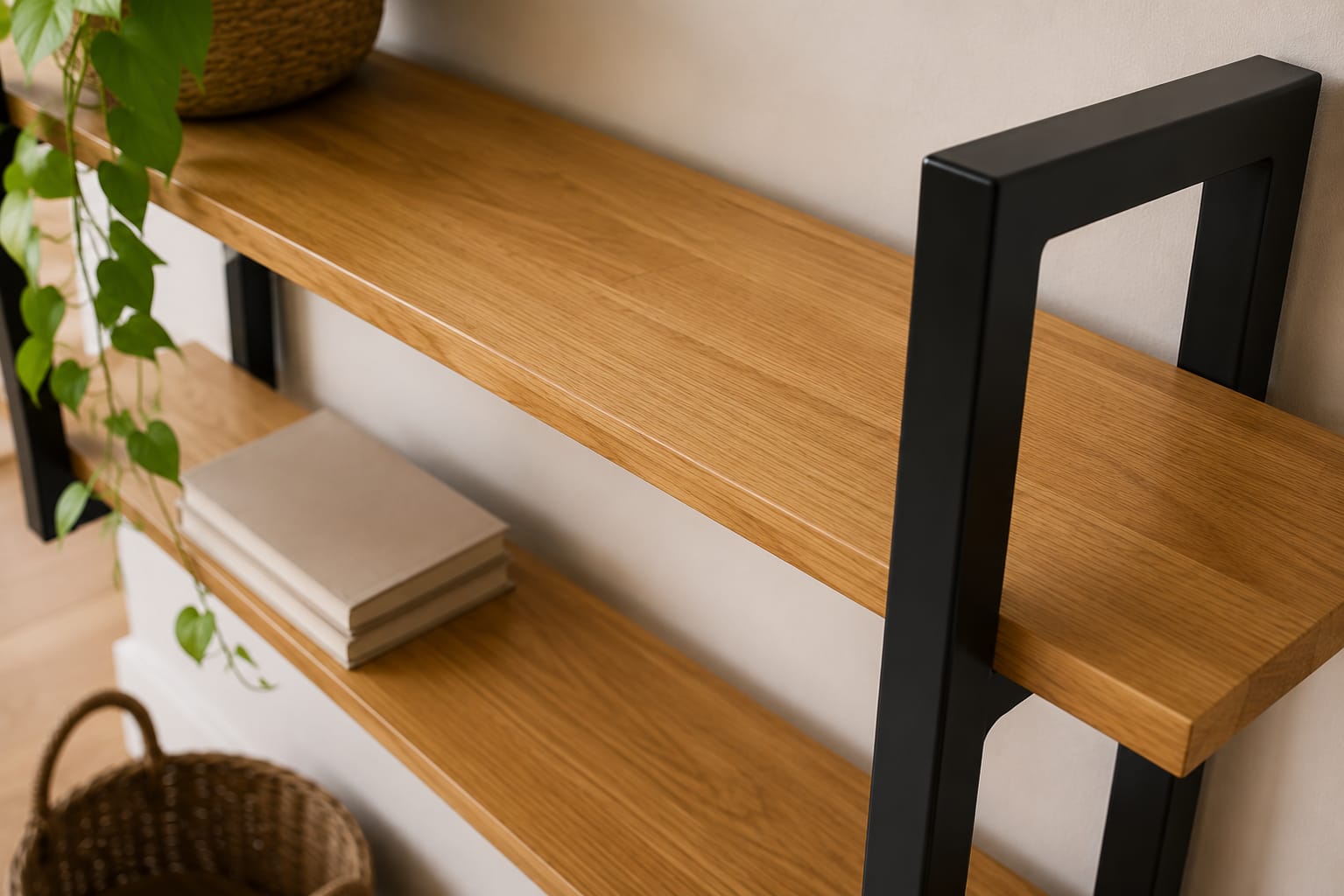 Półka Loft z Litego Dębu i Stali – Nowoczesna Półka Ścienna do Salonu