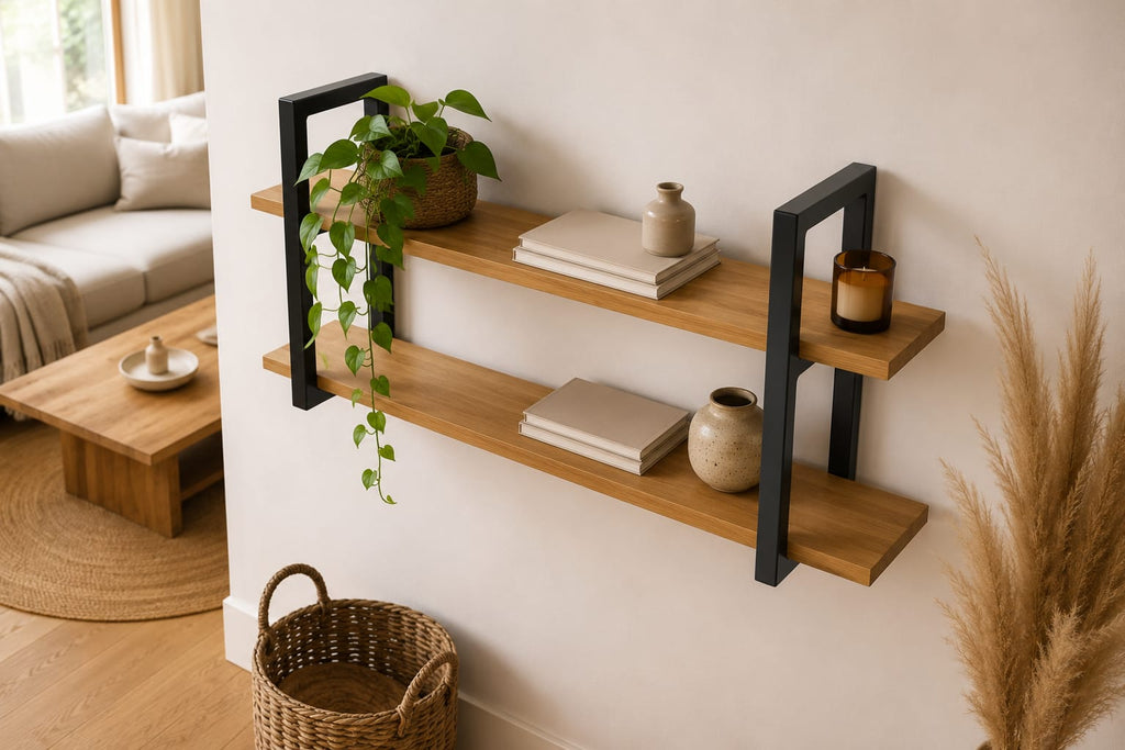 Półka Loft z Litego Dębu i Stali – Nowoczesna Półka Ścienna do Salonu