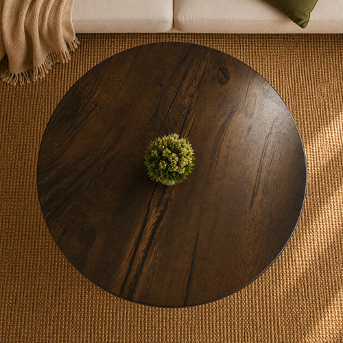 Okrągły stolik kawowy z czarnego dębu 80 cm – złote nogi