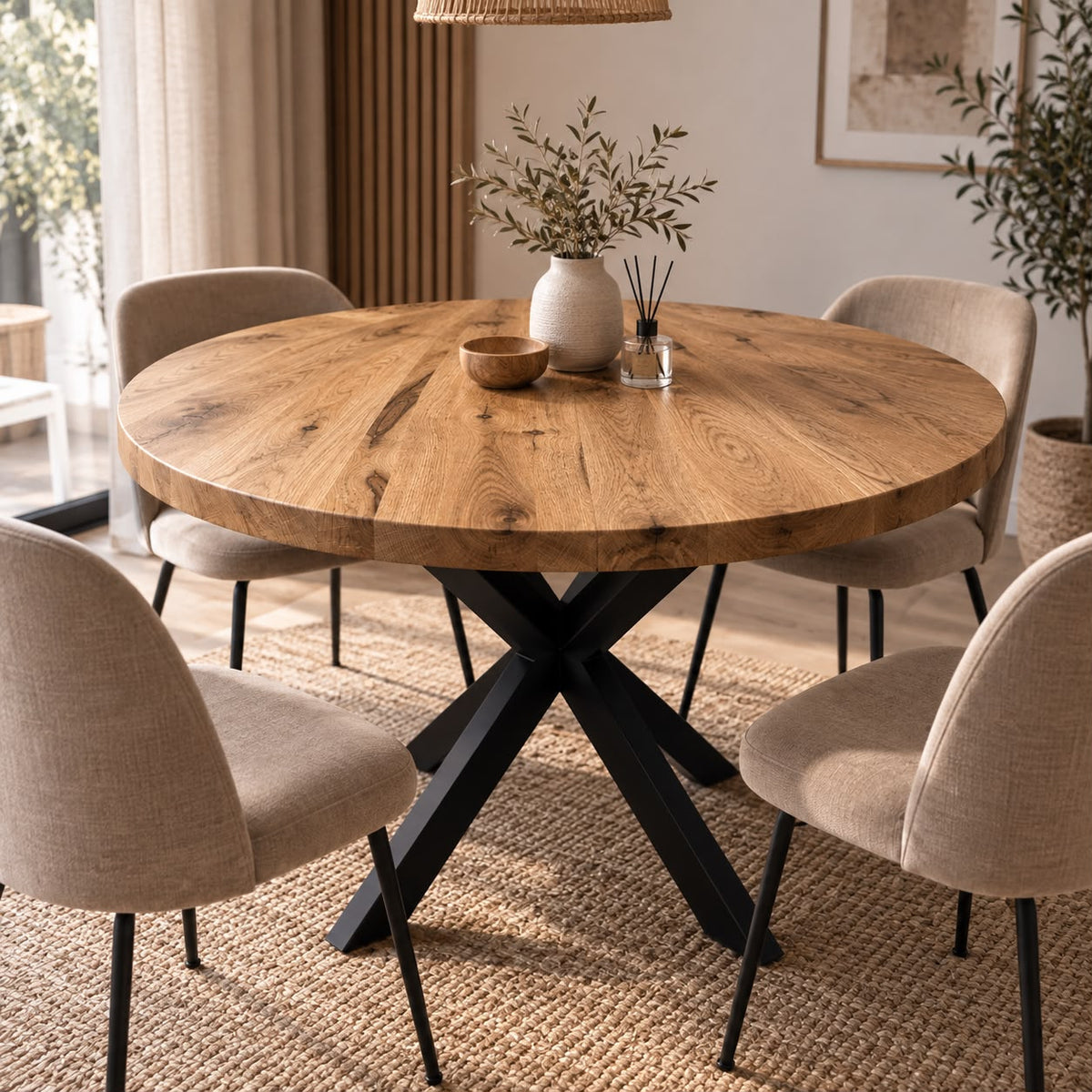 Okrągły Stół Dębowy Lite Drewno Loft Industrialny do Jadalni Nogi Pająk
