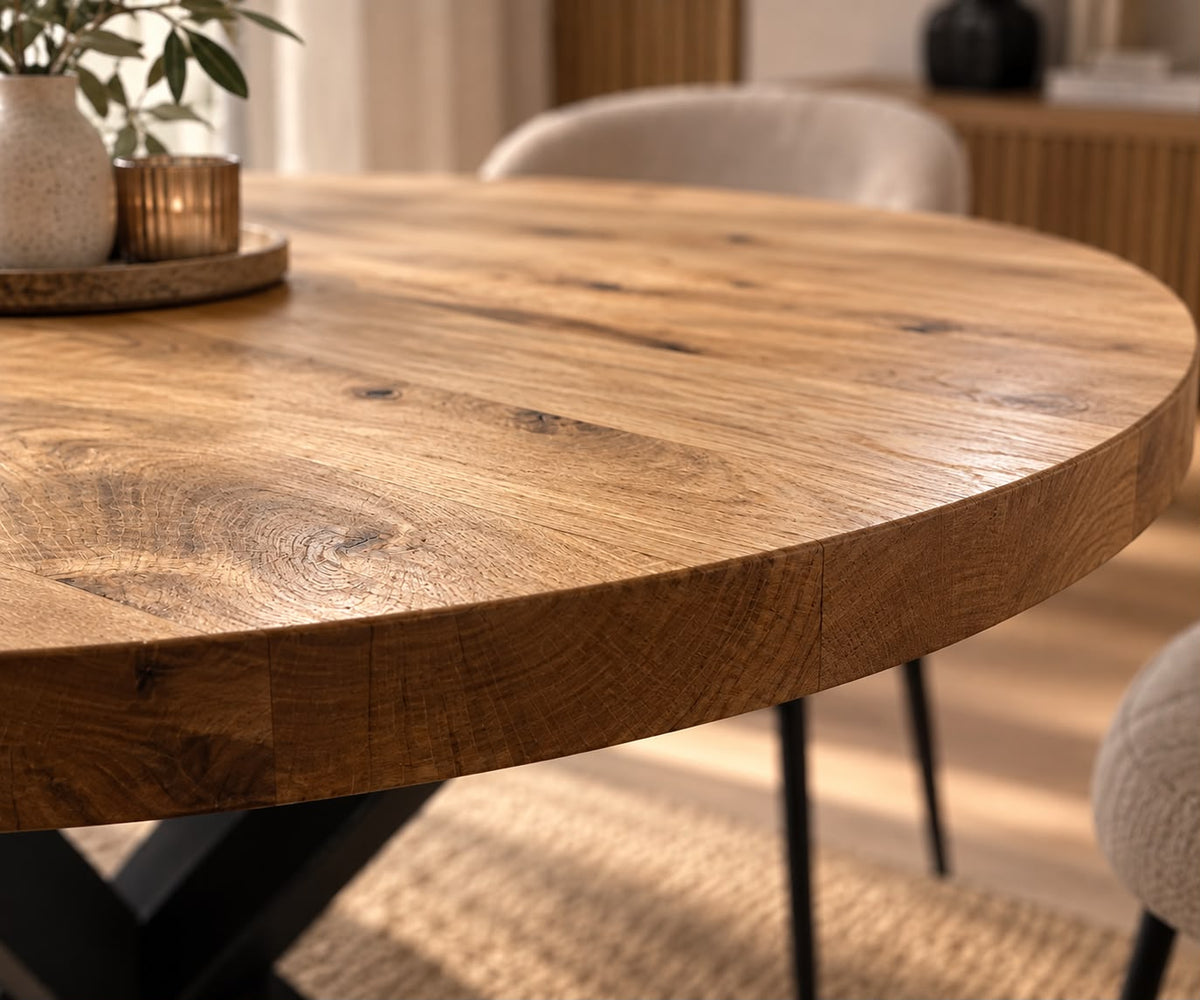 Okrągły Stół Dębowy Lite Drewno Loft Industrialny do Jadalni Nogi Pająk