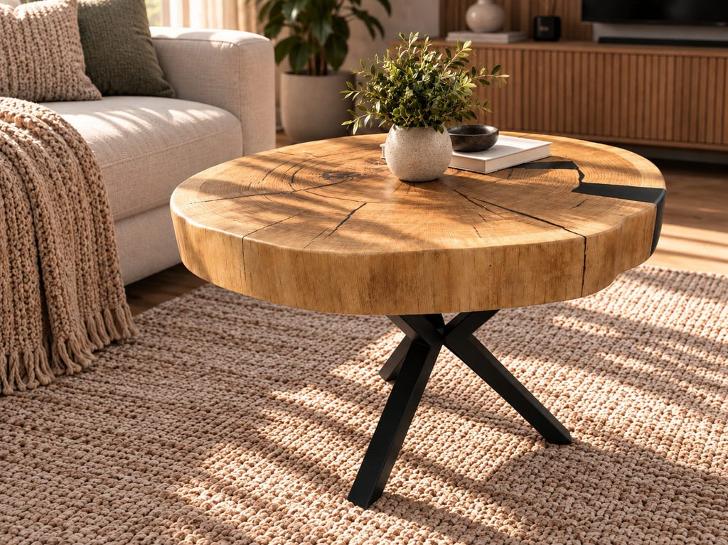 Stolik kawowy z plastra dębowego lite drewno loft industrialny