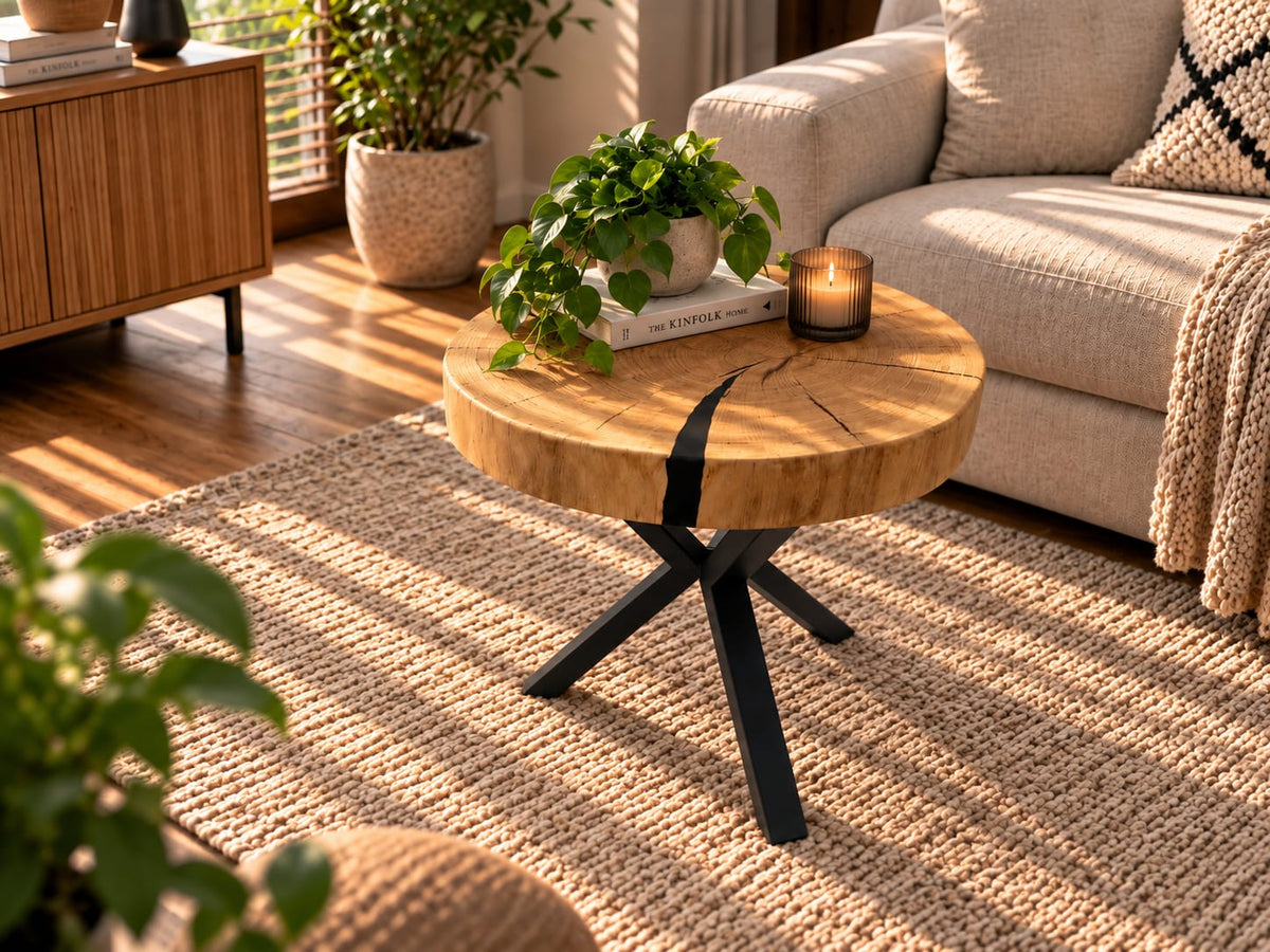 Niewielki stolik kawowy z plastra litego dębu drewniany loft industrialny naturalny