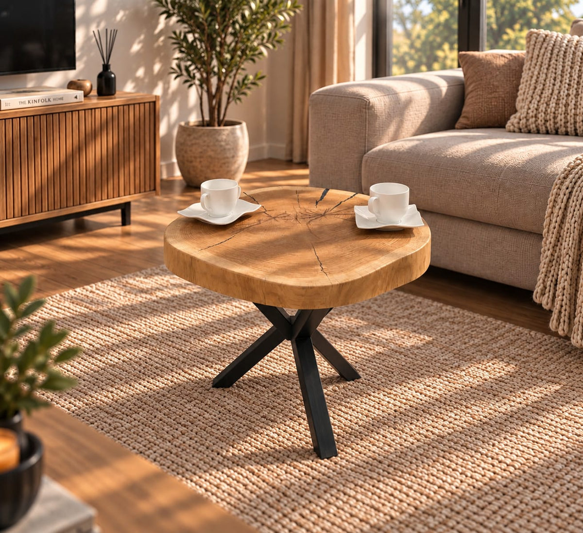 Niewielki stolik kawowy z plastra dębowego dwa rdzenie lite drewno loft
