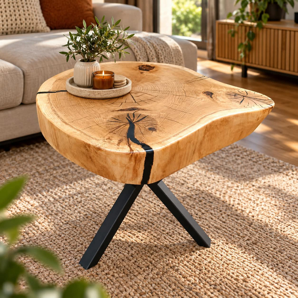 Stolik kawowy z plastra dębu lite drewno naturalny loft industrialny ręcznie wykonany